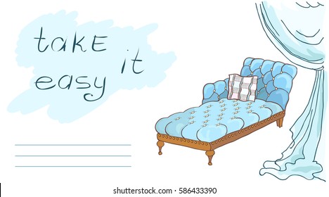 vector card for a funny psychologist's office,  inscription Take it easy, cloud,  comfortable armchair, curtain in blue color, cozy and quiet room