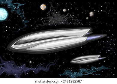 Vector card with Futuristic Spaceships, astronomical horizontal poster with cartoon design strange alien spaceship, flying in deep space, extraterrestrial spaceships on black starry space background