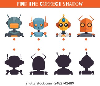 Vector card game template find the right shadows for robot toys. Educational worksheet with androids and silhouettes for kindergarten and school games. Connect illustrations