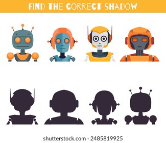 Plantilla de juego de cartas de Vector encuentra las sombras adecuadas para los juguetes de robot. Hoja de trabajo educativa con androides y siluetas para juegos de jardín de infantes y escuela. Conectar ilustraciones cyborg