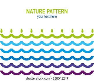 Vector card with geometric landscape and seamless border.