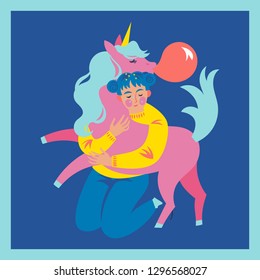 Vector card with girl hugging pink unicorn. Bright illustration in trendy colors.
