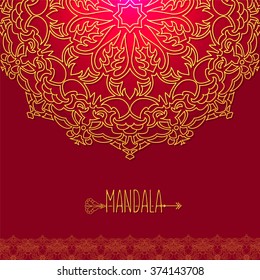 Vector card with glow mandala. Vector background. Ethnic decorative elements. Vintage Round Ornament Pattern. Perfect decorative element for greeting cards or any other kind of design.
