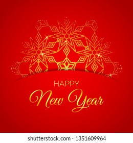 Vector card with gold glitter mandala with text Happy New Year on the red background.