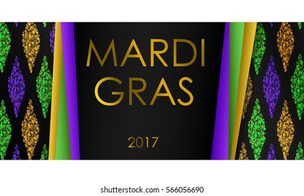 Vector card with gold, green, yellow and violet colors, dust confetti. Vector illustration. Mardi Gras lettering on traditional rhombus pattern. Elements for banner, holiday, invitation, party.