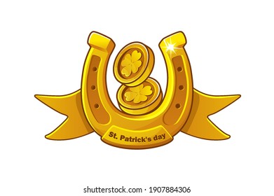 Vector card with a gold horseshoe and coins with clover. Saint patricks day banner illustration.