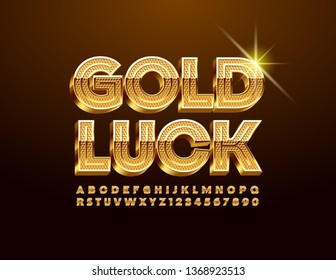 Vector card Gold Luck with luxury Uppercase Font. Elegant 3D Alphabet Letters and Numbers