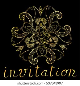 Vector card with golden elements and hand drawn word invitation. Holiday greeting card.