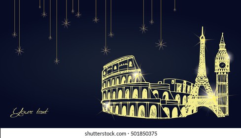 Vector card with golden famous attractions.