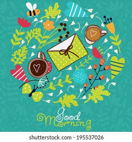 Vector card - Good morning with love and flowers 