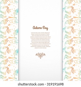 Vector card. Gradient autumn borders and insertion for your text. Birds, rainy clouds and oak branch with acorns.