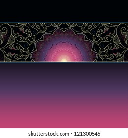 Vector card with gradient background. Beautiful lace pattern is a broad ribbon. Dark colors. Space for your inscription.