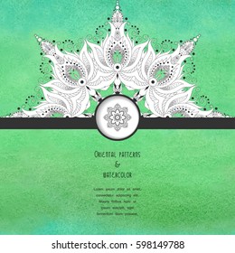 Vector card with green aquarell on backdrop. Turkish round floral pattern. Place for your text.