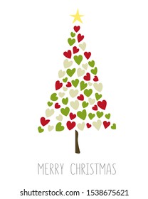 Vector card with green Christmas tree made from hearts. Abstract cute decorative illustration for invitation. New Year tree made with hearts