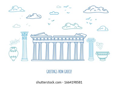 Vector card Greetings from Greece. Doodle travel card design . Famous Greek landmarks in a row with clouds. Blue outline and white background. Tourist poster, print design. 