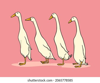 Vector card with a group of cute hand drawn white Indian Runner ducks. Ink drawing, graphic style. Beautiful farm products design elements. svg