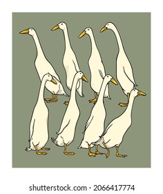 Tarjeta vectorial con un grupo de bonitos patos blancos de corredor indio dibujados a mano. Dibujo de tinta, estilo gráfico. Los bonitos productos de la granja están diseñados.