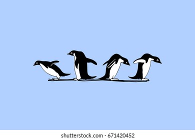 Vector card with group of hand drawn cute penguins. Funny penguin characters, beautiful design elements.