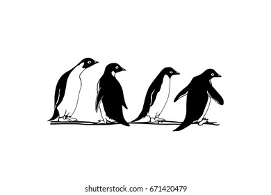 Vector card with group of hand drawn cute penguins. Funny penguin characters, beautiful design elements.