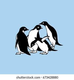 Vector card with group of hand drawn cute penguins on blue background. Funny penguin characters, beautiful design elements.