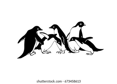 Vector card with group of hand drawn cute penguins. Funny penguin characters, beautiful design elements.