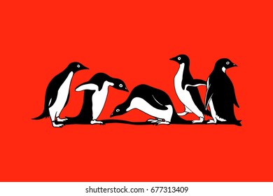 Vector card with group of hand drawn cute penguins on red background. Funny penguin characters, beautiful design elements.