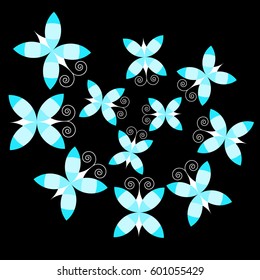 Vector card with group of night butterflies on the black background.