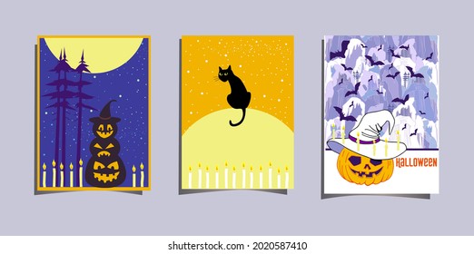 vector card halloween background with cat, moon, pampkin and bats