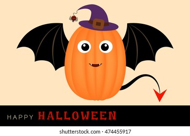 Vector card halloween character from cute pumpkin have a wing like a bat and wearing a purple witch hat