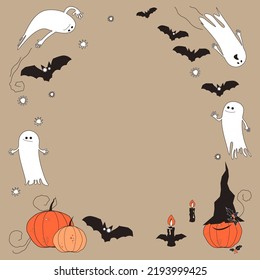 Vector card for Halloween, frame with pumpkins, ghosts,candles, bats and stars.