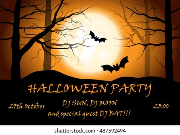 vector card for halloween party with moon, bats and trees