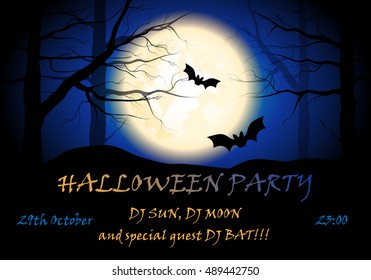 vector card for halloween party with moon, bats and trees
