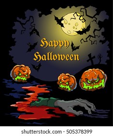 Vector card for Halloween party with pumpkins, blood, dead severed hand and cross gravestone. Can be used as a background, trick or treat stickers, party invitation elements. Halloween menu design. 