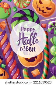 Vector card with Halloween sweets or poster for the holiday with handwritten coligraphy. Party invitation, trick or treat.