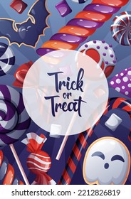 Vector card with Halloween sweets or poster for the holiday with handwritten coligraphy. Party invitation, trick or treat.
