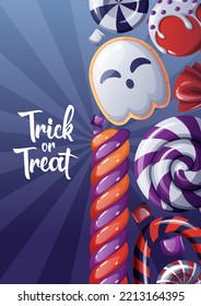 Vector card with Halloween sweets or poster for the holiday with handwritten coligraphy. Party invitation, trick or treat.