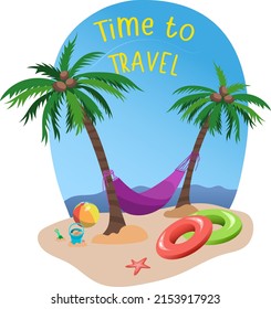 Tarjeta vectorial con hamaca entre cocoteros, varios utensilios de playa y tiempo para viajar texto
