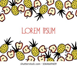 Vector card with hand drawn apples and pineapples. Beautiful ink drawing, heavy contour, graphic style. Food design elements.