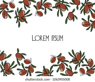 Vector card with hand drawn Argan tree branches with fruit. Beautiful design elements, ink drawing, logo template