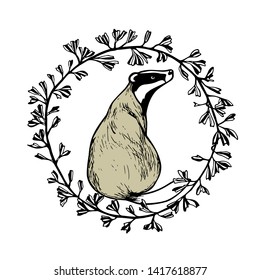 Vector card with hand drawn badger in floral wreath made with ink. Perfect design elements, animal illustration