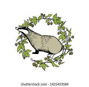 Vector card with hand drawn badger in hop wreath made with ink. Perfect design elements, animal illustration