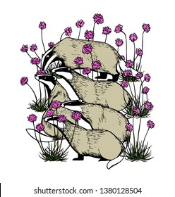 Vector card with hand drawn badgers in pink flowers made with ink. Perfect design elements, animal illustration