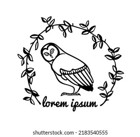 Vector card with hand drawn beautiful Great Grey Owl in floral wreath. Ink drawing, decorative graphic style. Beautiful animal design elements, logo template 
