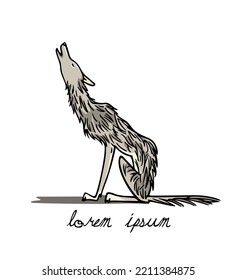 Vector card with hand drawn beautiful skinny howling wolf. Ink drawing, graphic style. Beautiful design elements.