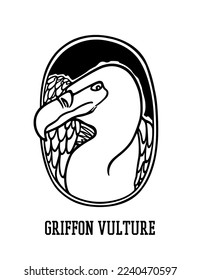 Vector card with hand drawn beautiful Griffon Vulture in austere ellipse frame. Beautiful wild animal illustration, ink drawing, graphic style. Logo template