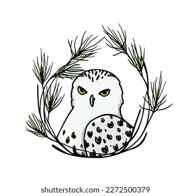 Vector card with hand drawn beautiful Arctic Owl in graceful pine twigs wreath. Beautiful wild animal illustration, ink drawing, graphic style. Logo template
