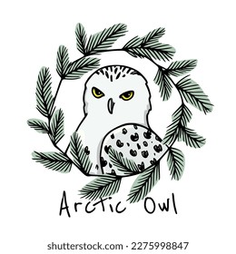 Vector card with hand drawn beautiful Arctic Owl in graceful pine wreath. Beautiful wild animal illustration, ink drawing, graphic style. Logo template