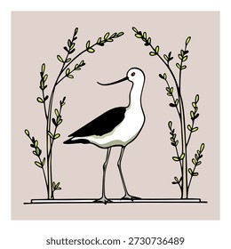 Vector card with hand drawn beautiful Andean Avocet in vintage floral laurel. Beautiful wildlife design elements, ink drawing, logo template