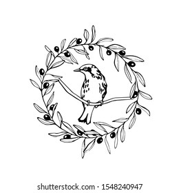 Vector card with hand drawn bird in floral wreath made with ink. Beautiful animal design elements, logo template