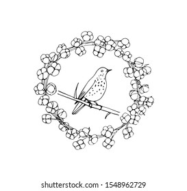 Vector card with hand drawn bird in floral wreath made with ink. Beautiful animal design elements, logo template